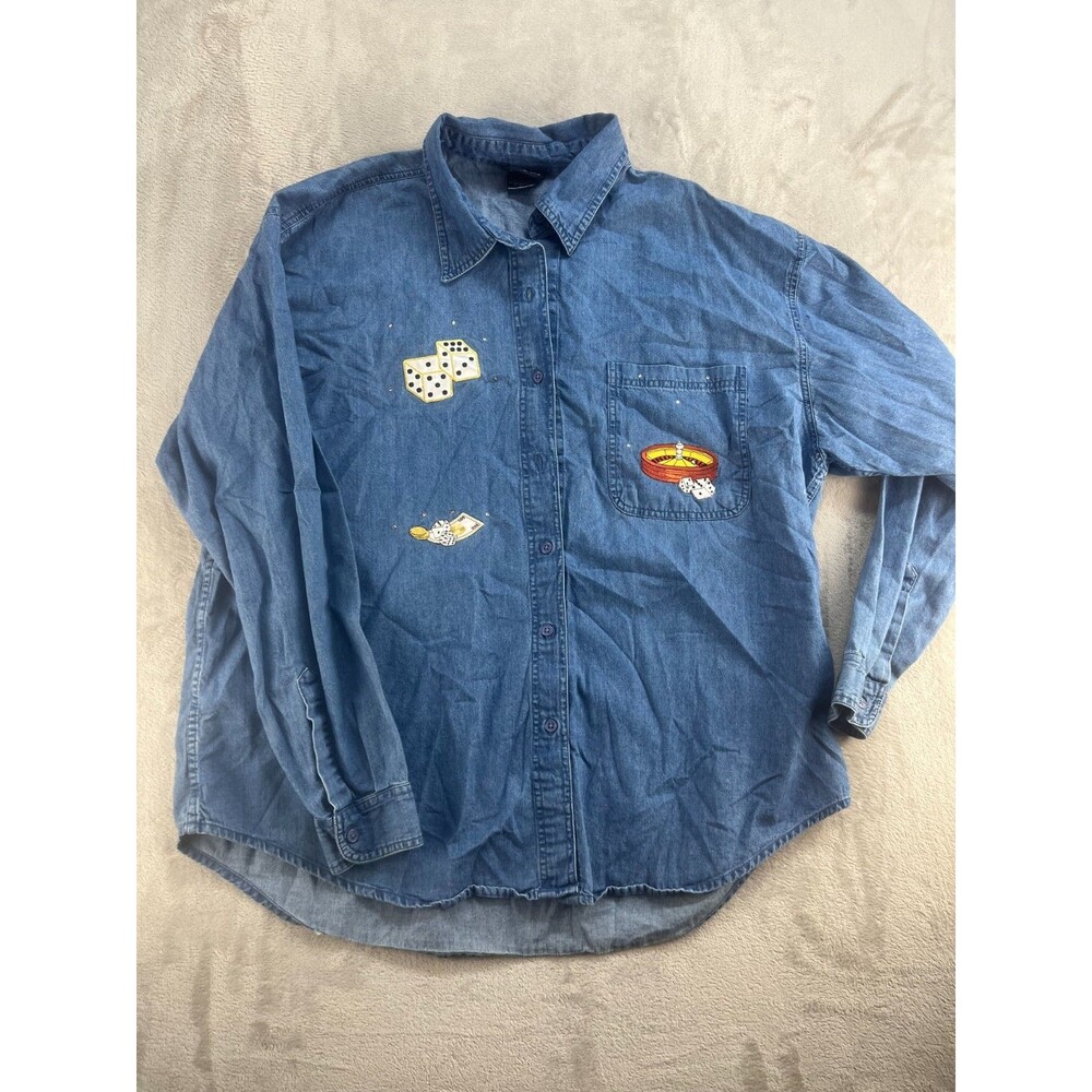 Las Olas Denim Shirt Women's 3X Rhinestone Button Long Sleeve 100% Cotton
